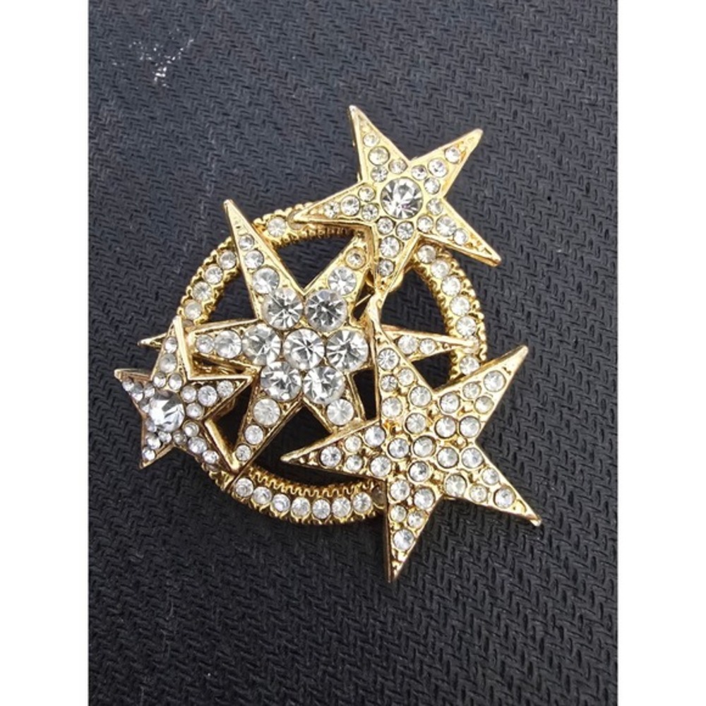 Gold Tone Rhinestone Star Cluster Brooch Celestial Galaxy Pin Clear‎ Crystals